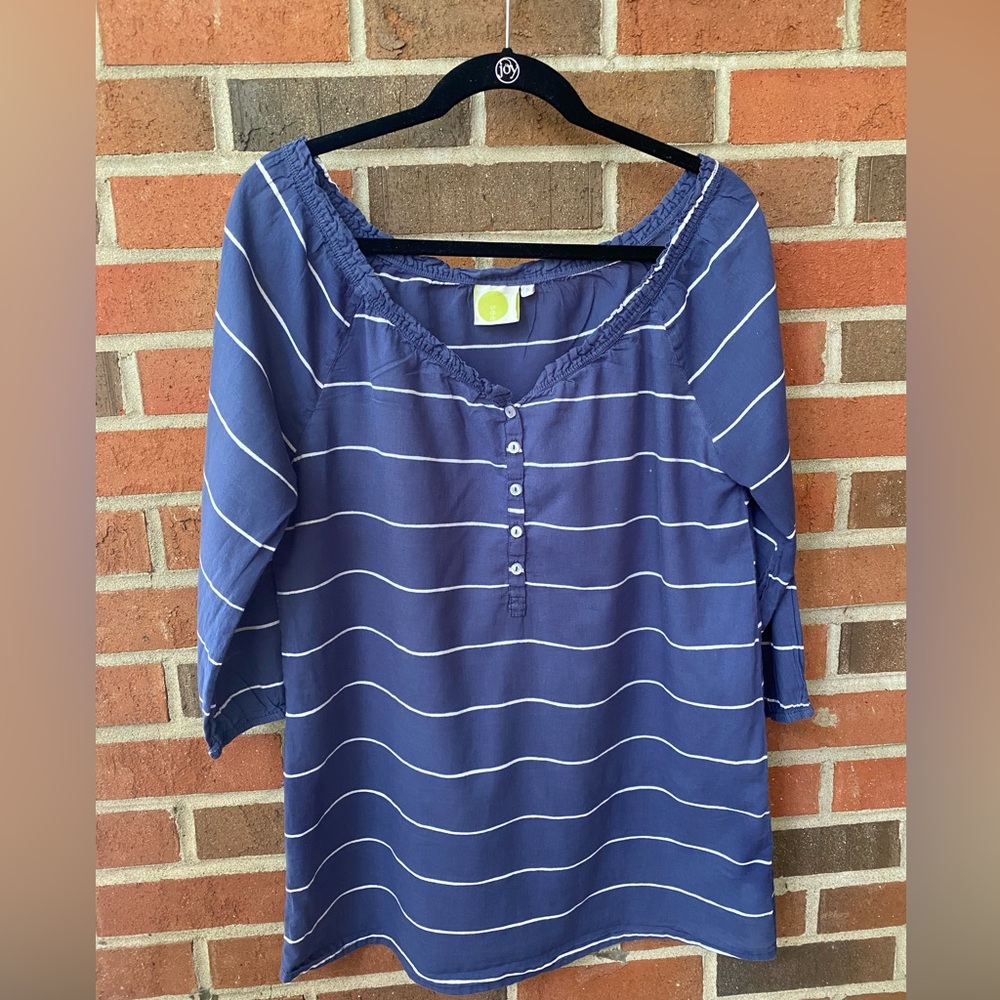 Blue Striped Women's Tunic Quarter Sleeves Five Button Front